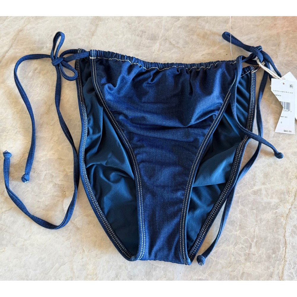 NWT Good American Always Fits Better Bikini Bottom Denim Blue Side Tie Sz 6 (3X)